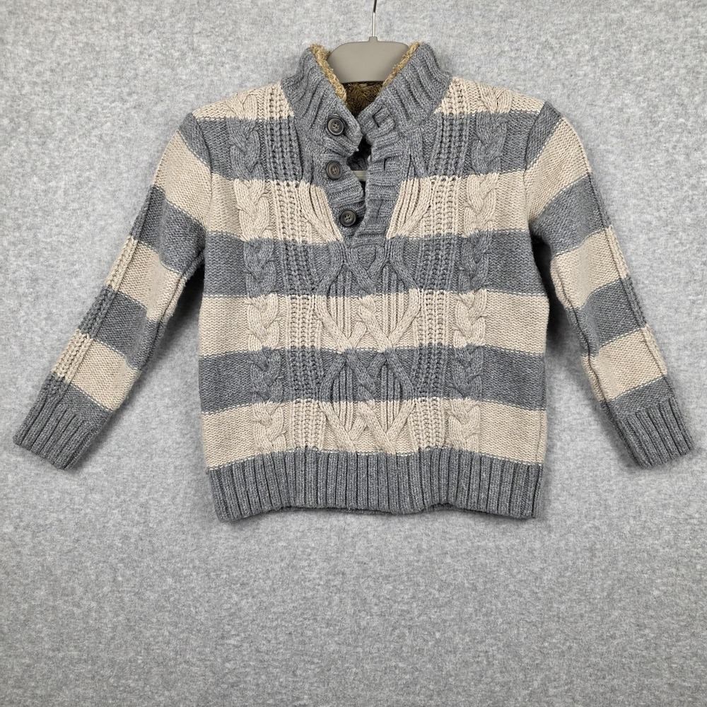 GapKids Sweater Boys Small 6-7 Gray Beige Stripe Shawl Collar‎ Cable Knit Warm